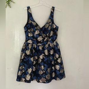 B. Darlin Mini Dress Sz 13/14 Black with Gold/Silver and Blue Floral Design